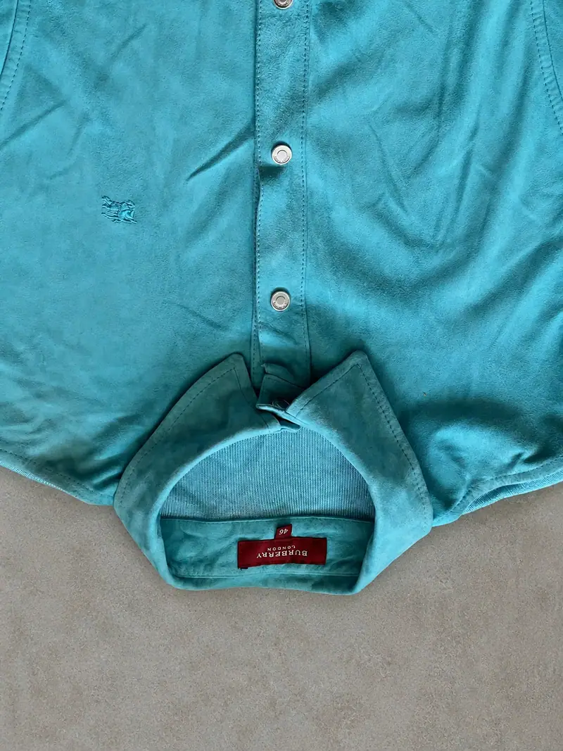 Burberry London Turquoise Suede-Look Overshirt Jacket Leather Lined 46
