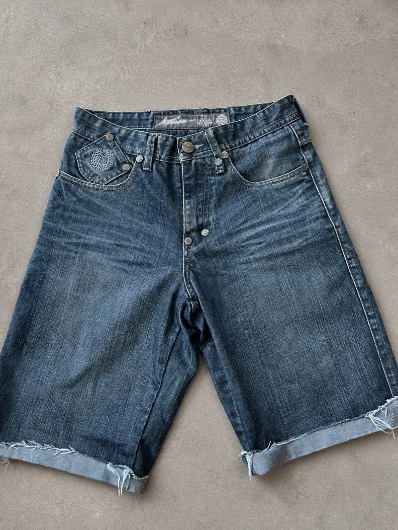 Mass Denim — Y2K Cut-Off Jorts, Embroidered Pockets, Grey
